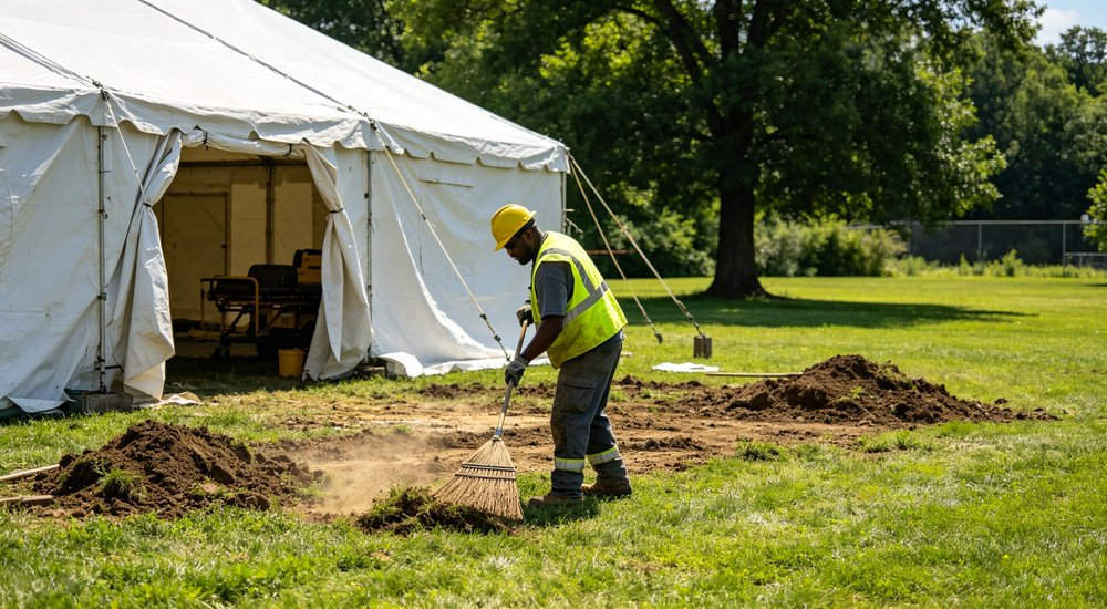 Site cleanup after inflatable medical tent use, workers packing up, green grass red and white inflatable emergency shelter for disaster relief operations