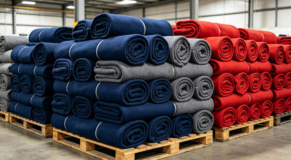Stacks of rolled thick colorful fleece blankets on warehouse pallets, ready for bulk winter relief orders