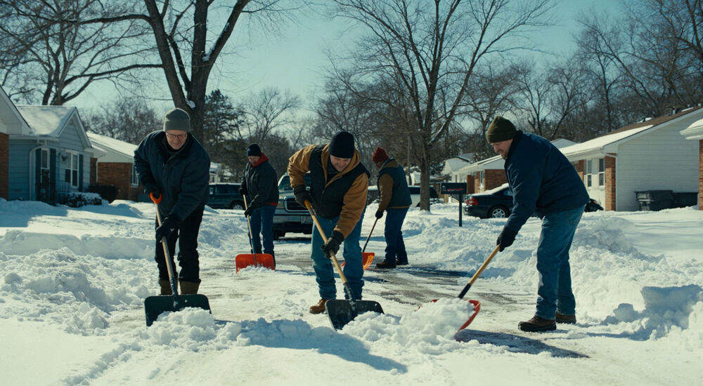 Volunteers shoveling snow from a driveway after a blizzard, sunny cold winter day