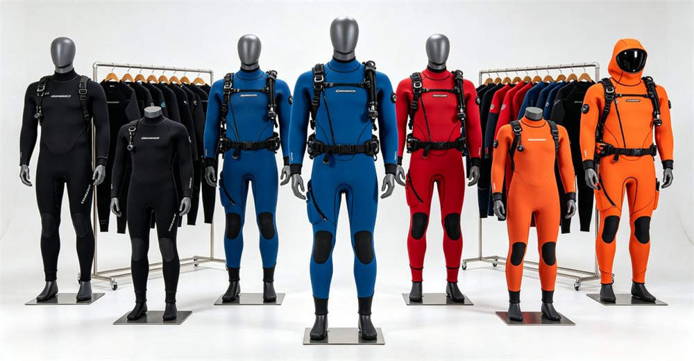 Complete collection of dry suits, neoprene wetsuits, and full-body diving suits displayed in showroom with multiple colors for bulk wholesale supply Complete collection of dry suits, neoprene wetsuits, and full-body diving suits displayed in showroom with multiple colors for bulk wholesale supply