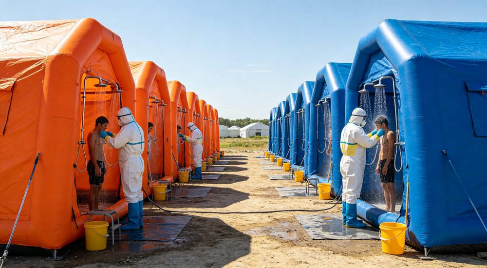 Aerial view of large decontamination camp with multiple inflatable decon tents, red and white, green grass, blue sky red and white inflatable emergency shelter for disaster relief operations