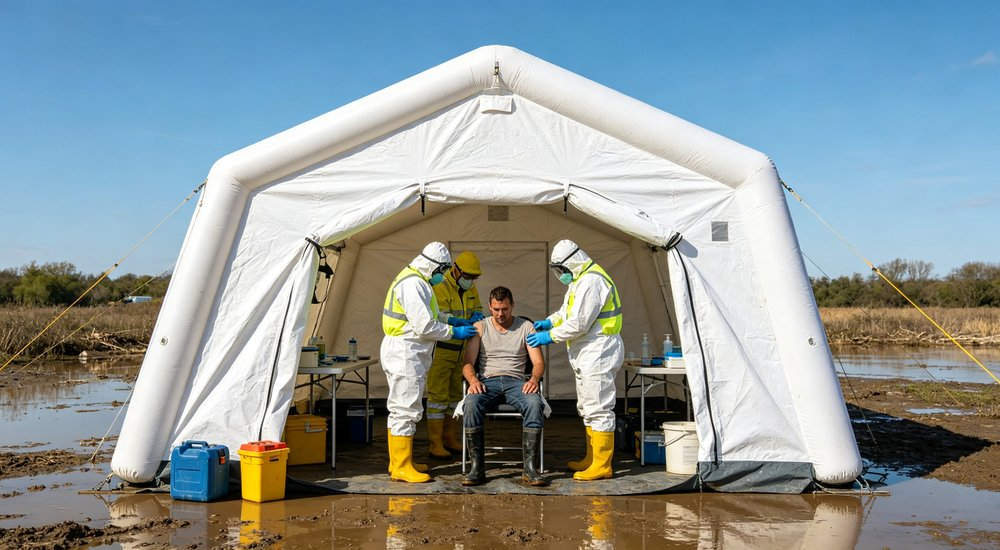 Flood decontamination operation with inflatable tent, rescue workers, water nearby red and white inflatable emergency shelter for disaster relief operations
