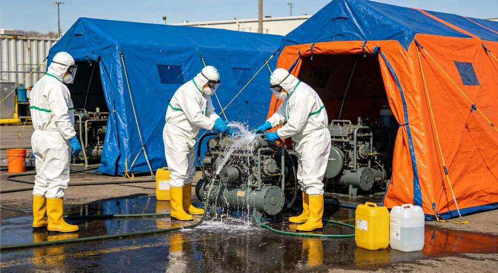 Chemical spill response with inflatable decon tent, workers in hazmat suits, green grass red and white inflatable emergency shelter for disaster relief operations