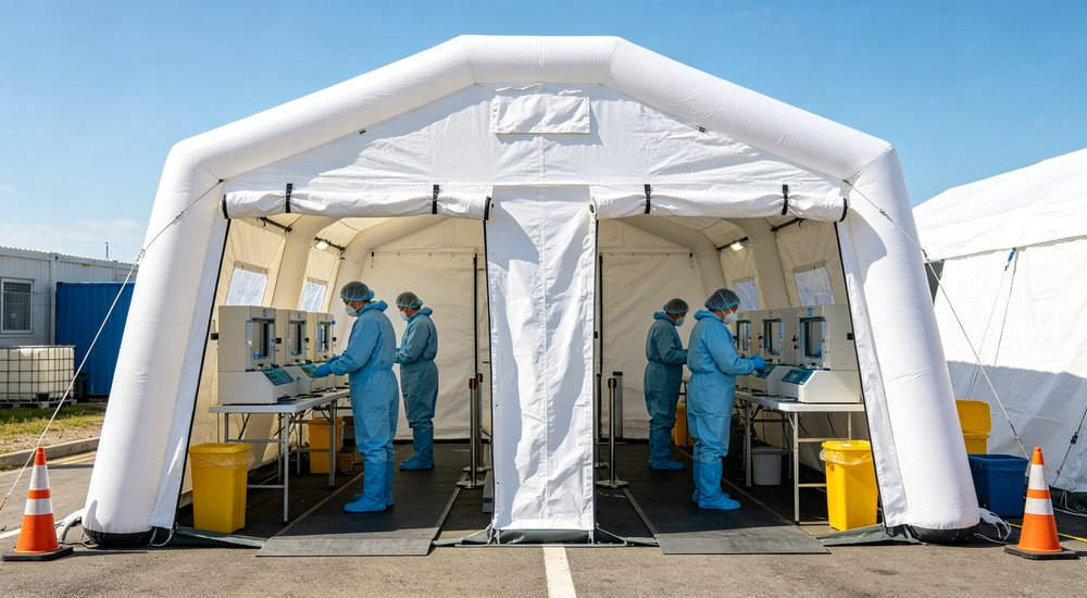 Dual lane decon tent showing efficient throughput with two parallel lanes, workers, green grass red and white inflatable emergency shelter for disaster relief operations