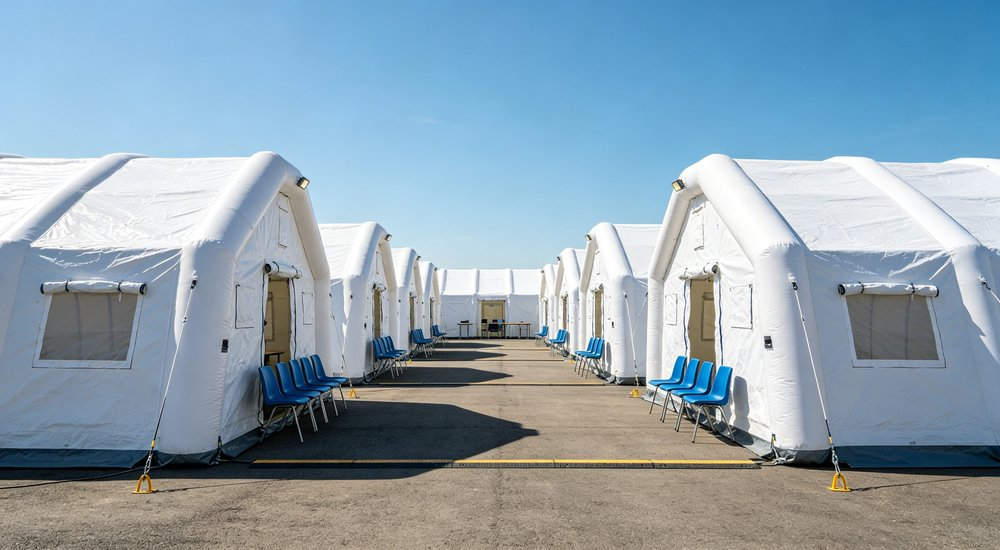 Multi lane decon camp with multiple inflatable tents operating simultaneously, green grass red and white inflatable emergency shelter for disaster relief operations
