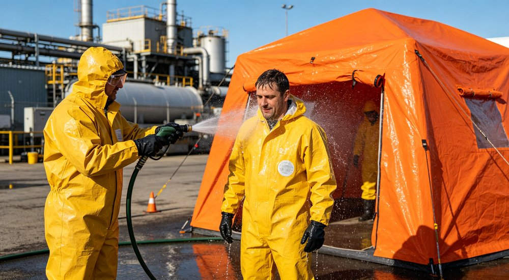Industrial accident decontamination response with inflatable tent, workers in hazmat suits red and white inflatable emergency shelter for disaster relief operations