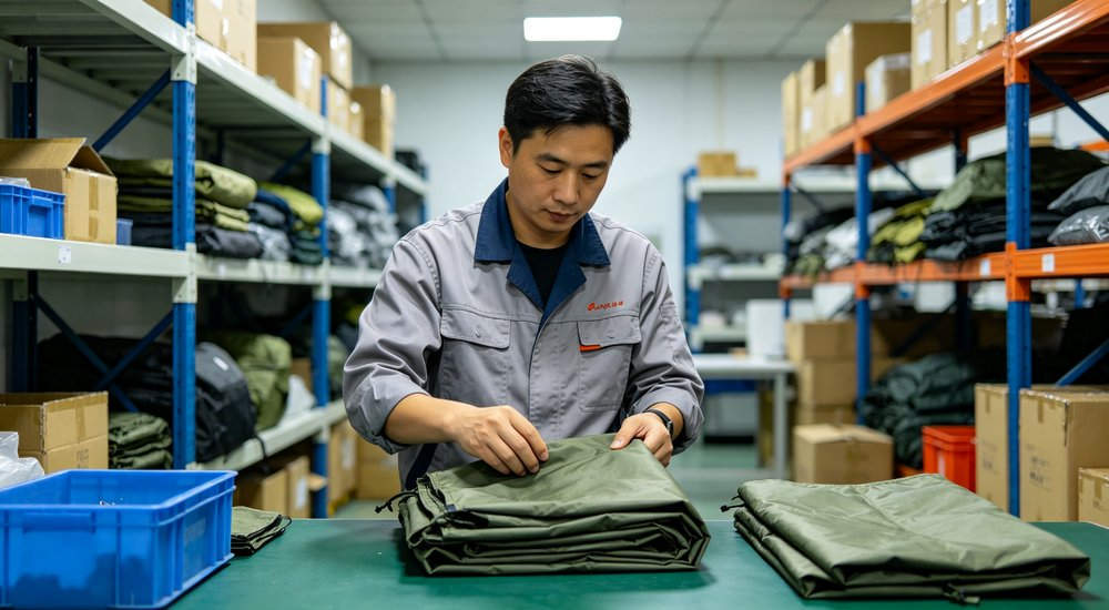 Warehouse quality control of inflatable decon tents showing Asian female inspector checking product, bright lighting red and white inflatable emergency shelter for disaster relief operations