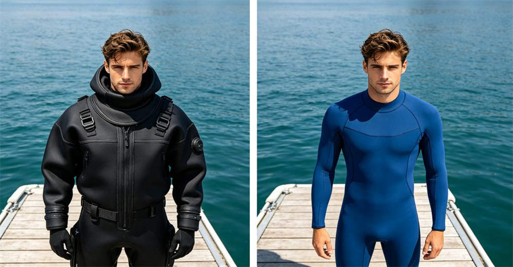 Side-by-side comparison of a bulky black trilaminate dry suit and flexible neoprene wetsuit on dock showing structural and thermal differences Side-by-side comparison of a bulky black trilaminate dry suit and flexible neoprene wetsuit on dock showing structural and thermal differences