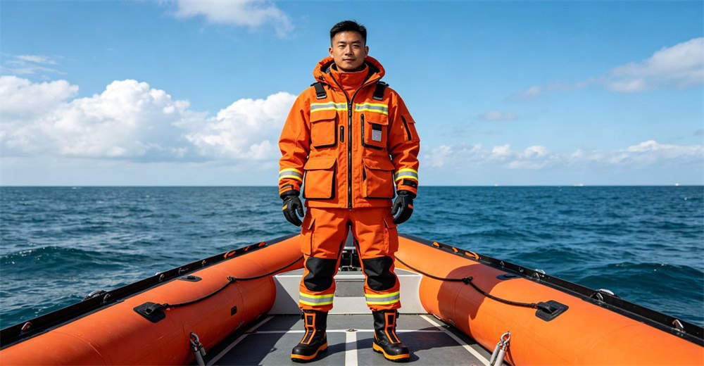 Professional rescue worker wearing heavy-duty orange trilaminate dry suit on rescue boat preparing for flood water rescue operation. engineered for professional flood rescue and cold water emergency response teams