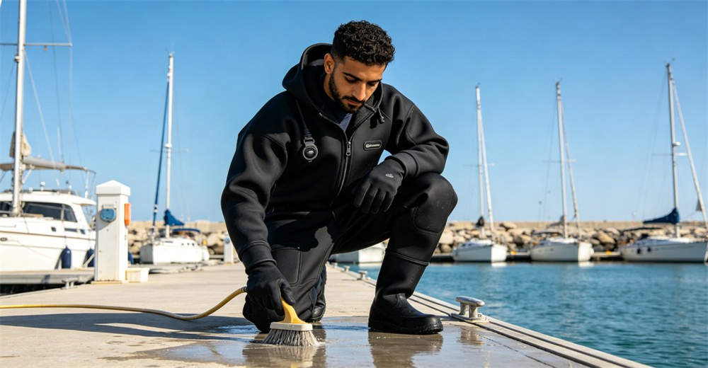 Entry-level black dry suit with basic waterproof zipper worn by marina maintenance worker for routine water work and cleaning. engineered for professional flood rescue and cold water emergency response teams