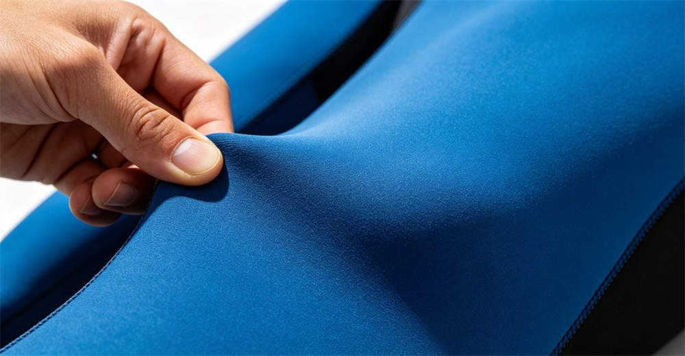 Close-up of blue neoprene wetsuit material demonstrating stretch flexibility and elastic recovery for comfortable diving movement. designed for recreational and professional diving in various water temperatures