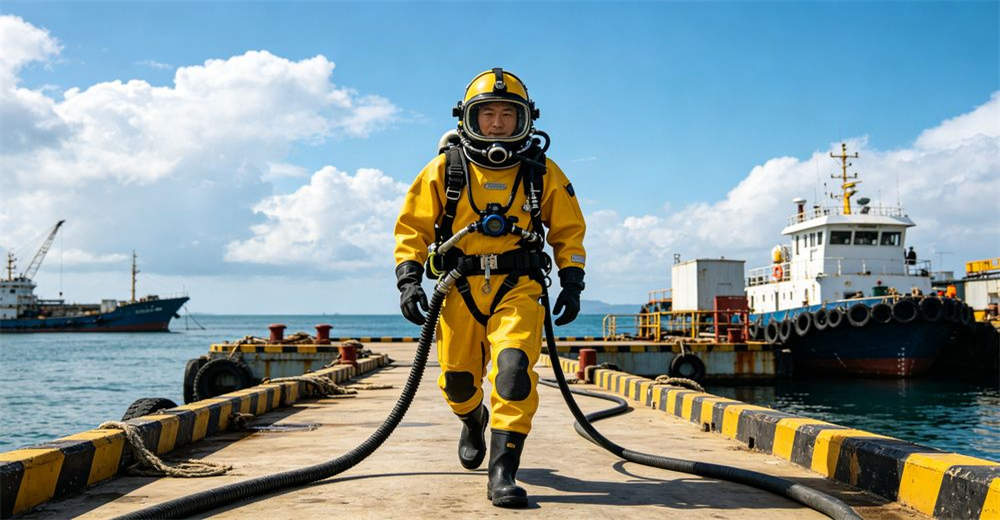 Commercial diver in full-body yellow diving suit with helmet and attached boots preparing for underwater commercial work on dock. built for commercial underwater work and professional diving operations