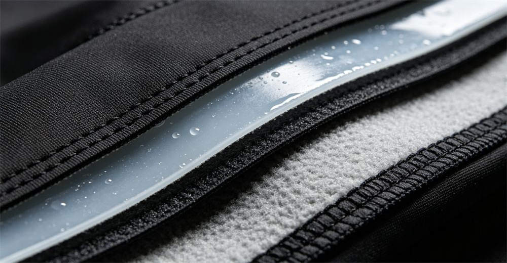 Cross-section close-up of trilaminate dry suit fabric showing three-layer construction: outer nylon, waterproof membrane, and inner lining. helping buyers understand material properties for informed wholesale purchasing Cross-section close-up of trilaminate dry suit fabric showing three-layer construction: outer nylon, waterproof membrane, and inner lining. helping buyers understand material properties for informed wholesale purchasing