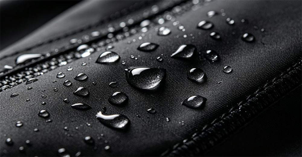 Water droplets beading and rolling off black trilaminate dry suit fabric demonstrating durable water repellent treatment and waterproof performance. helping buyers understand material properties for informed wholesale purchasing Water droplets beading and rolling off black trilaminate dry suit fabric demonstrating durable water repellent treatment and waterproof performance. helping buyers understand material properties for informed wholesale purchasing