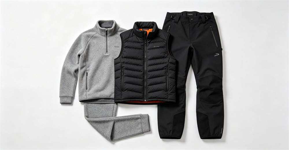 Dry suit thermal layering system flat lay: fleece base layer, mid-layer insulation, and thermal undergarment for cold water diving and rescue