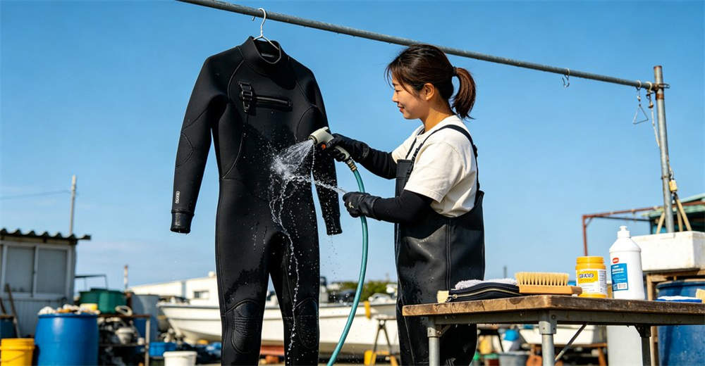Worker rinsing black dry suit with fresh water using hose, showing post-use cleaning and maintenance procedure for extended product lifespan