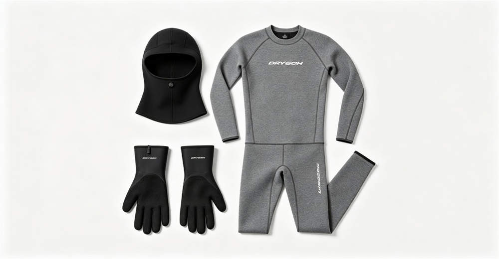 Dry suit accessories flat lay: neoprene hood, neoprene gloves, dry boots, and thermal undergarment arranged for complete cold water system