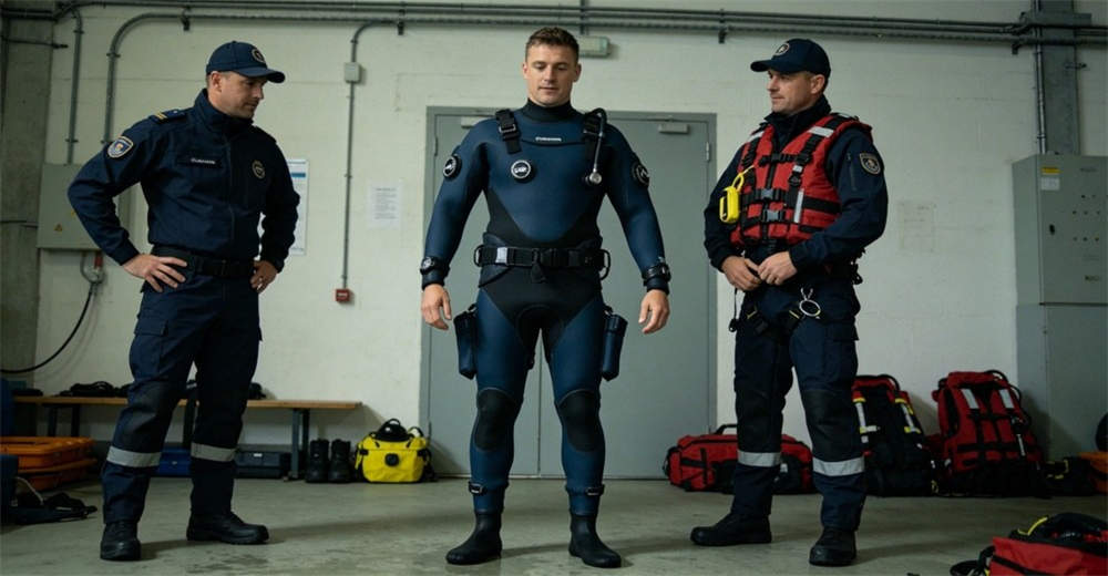 Step-by-step demonstration of dry suit donning procedure showing foot entry, leg pull, shoulder adjustment, and zipper closure sequence. extending product lifespan and ensuring reliable performance for professional users