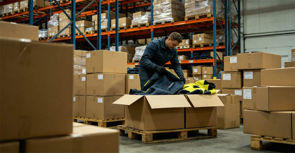 Warehouse workers packing dry suits into export cartons with labeling and palletizing for international bulk delivery and shipping. ensuring safe transport and timely delivery for international wholesale orders Warehouse workers packing dry suits into export cartons with labeling and palletizing for international bulk delivery and shipping. ensuring safe transport and timely delivery for international wholesale orders