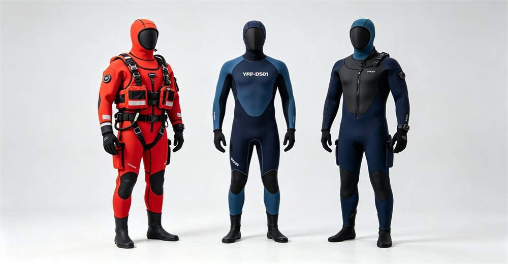 Side-by-side model comparison of dry suit versus neoprene wetsuit showing thickness, flexibility, and intended use differences for buyers. helping wholesale buyers choose the right option for their specific application