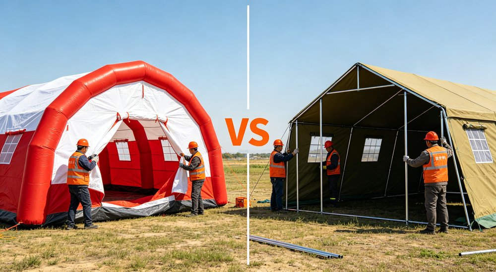 Setup time comparison showing 15 min inflatable vs 45 min frame tent, side by side, green grass red and white inflatable emergency shelter for disaster relief operations
