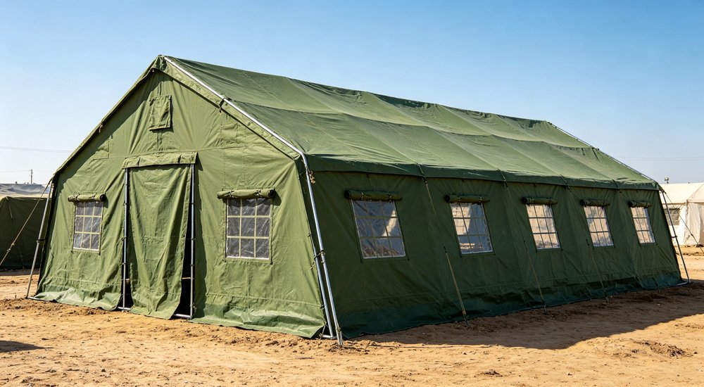 Frame tent camp with multiple large emergency shelters, green grass, blue sky red and white inflatable emergency shelter for disaster relief operations