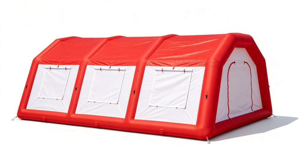 Front view of inflatable emergency tent on white background, red and white, product photography red and white inflatable emergency shelter for disaster relief operations Front view of inflatable emergency tent on white background, red and white, product photography red and white inflatable emergency shelter for disaster relief operations