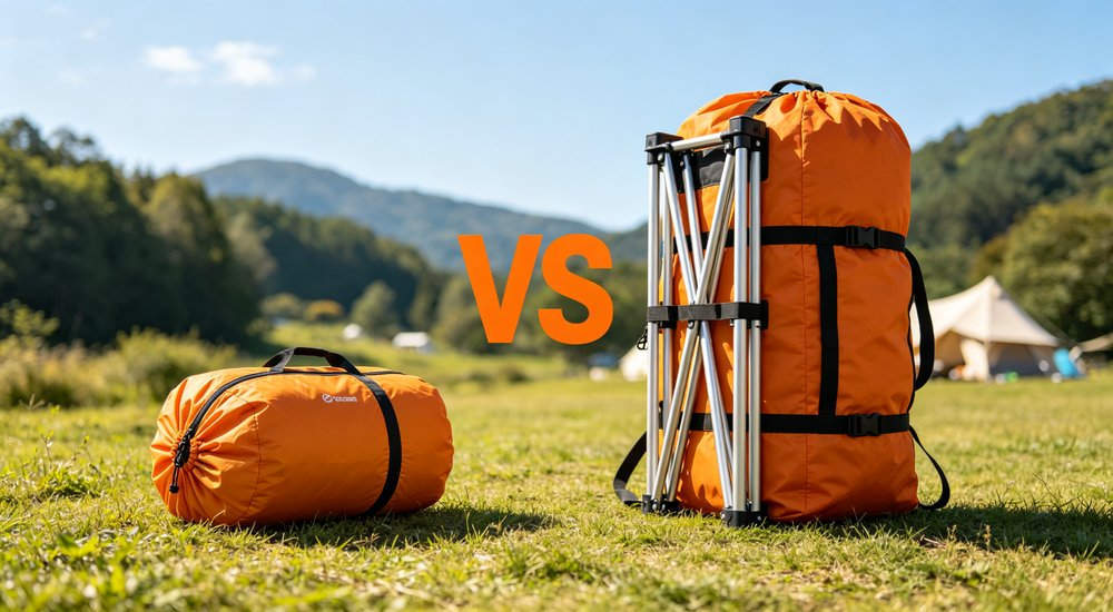 Packed size comparison showing compact inflatable tent bag vs bulky frame tent poles, product shot red and white inflatable emergency shelter for disaster relief operations