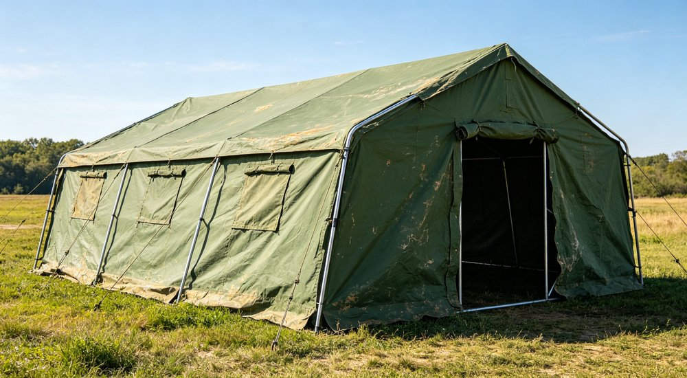 Frame tent condition after 6 months use showing pole wear, green grass red and white inflatable emergency shelter for disaster relief operations