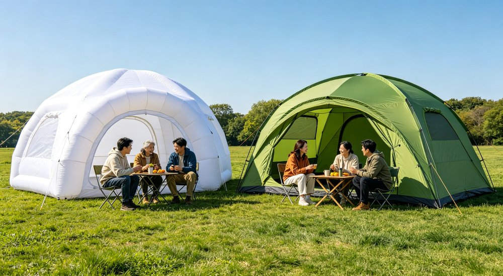 Side by side comparison of inflatable tent vs frame tent, both large emergency shelters, green grass red and white inflatable emergency shelter for disaster relief operations