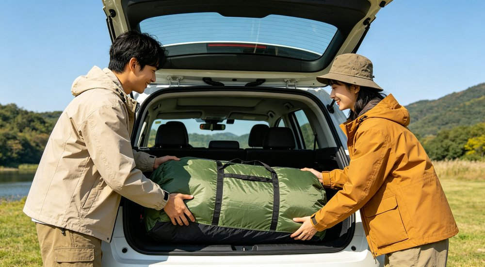 Inflatable tent transport showing compact bag in vehicle, product shot red and white inflatable emergency shelter for disaster relief operations