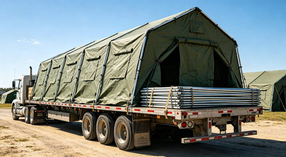 Frame tent transport showing bulky poles in vehicle, product shot red and white inflatable emergency shelter for disaster relief operations