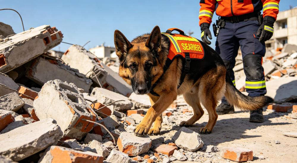 German shepherd search and rescue dog working on earthquake rubble, canine teams deployed by relief organizations alongside disaster relief supplies German shepherd search and rescue dog working on earthquake rubble, canine teams deployed by relief organizations alongside disaster relief supplies