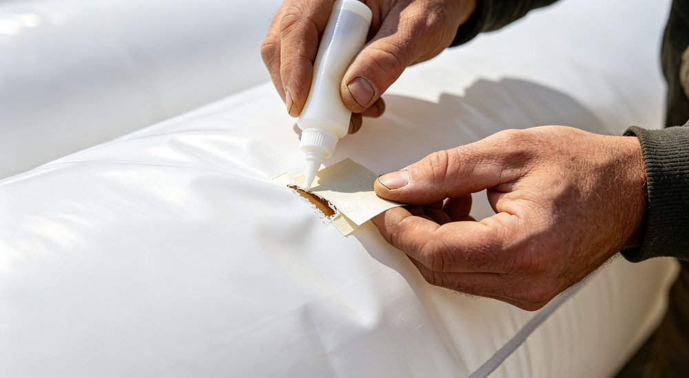 Air beam repair with PVC patch, close-up detail, bright lighting maintenance and repair for long term tent use in field conditions