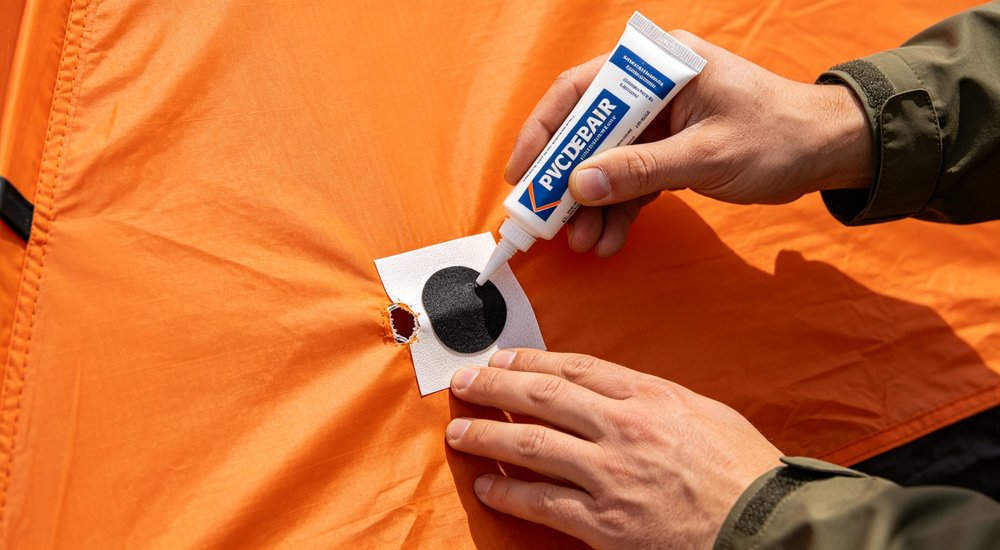 Patched air beam pressure test after repair, quality verification maintenance and repair for long term tent use in field conditions