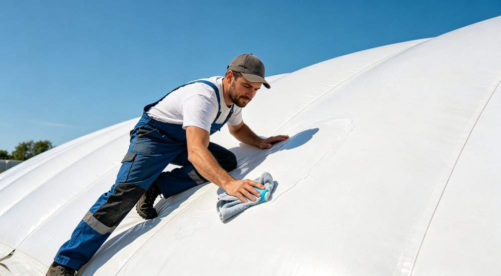 Air beam cleaning after use showing worker washing PVC fabric with water, bright daylight red and white inflatable emergency tent for disaster relief operations
