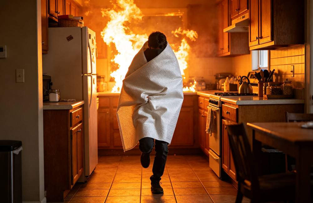 Person wrapped in fire blanket running out of burning kitchen to safety from home fire emergency during cooking oil fire incident today