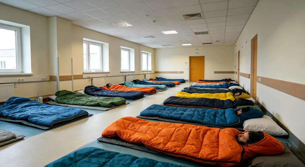 Wide angle view of hospital temporary rest area with sleeping bags for patients and staff, medical facility emergency accommodation Wide angle view of hospital temporary rest area with sleeping bags for patients and staff, medical facility emergency accommodation