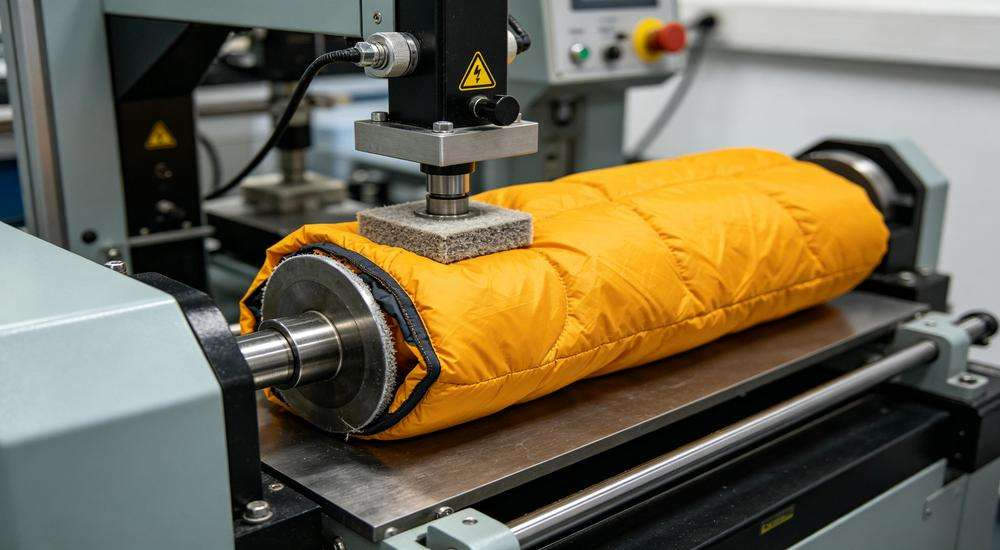 Close up of sleeping bag durability test, fabric abrasion testing equipment, quality control laboratory, professional testing Close up of sleeping bag durability test, fabric abrasion testing equipment, quality control laboratory, professional testing