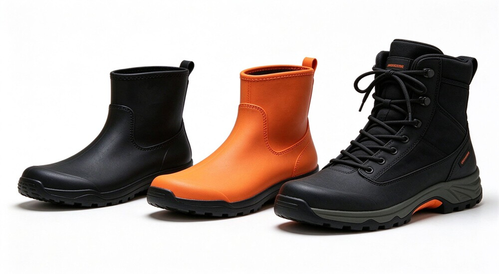 Three color neoprene rescue boots display showing different models for different tasks flood boots