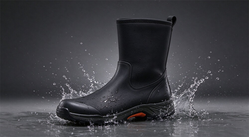 Hi vis fluorescent waterproof rescue boots close up, reflective panels glowing under headlamp, flood response boots for night low light rescue operations
