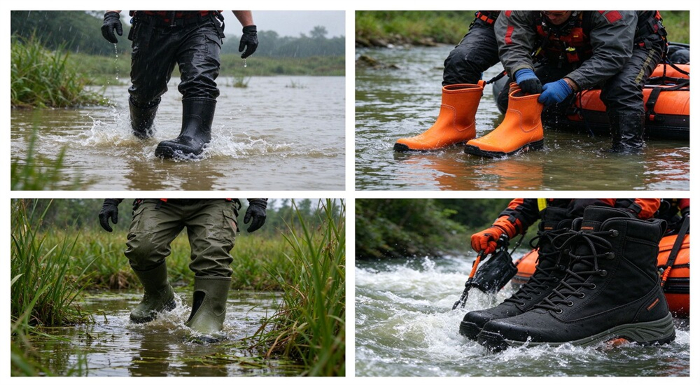 Asian rescue worker wearing neoprene flood rescue boots in continuous flood operation, wading through debris, waterproof shell holding up after hours in water