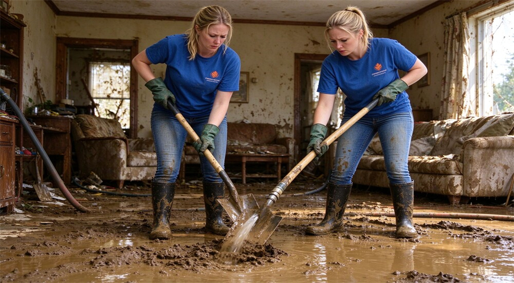 Volunteers cleaning mud from flooded house wearing waterproof rescue boots indoor cleanup