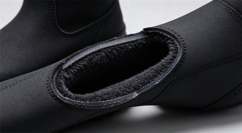 Double layer insulating neoprene rescue boots material close up, warm inner lining visible, water safety boots fabric for cold flood and river water Double layer insulating neoprene rescue boots material close up, warm inner lining visible, water safety boots fabric for cold flood and river water