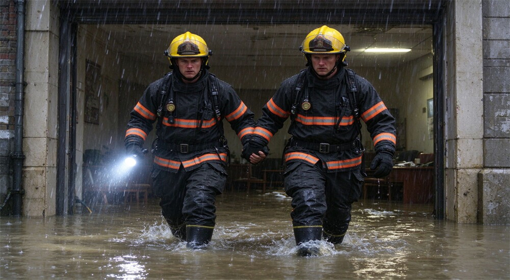 Firefighters entering flooded building wearing flood response boots wading through doorway Firefighters entering flooded building wearing flood response boots wading through doorway