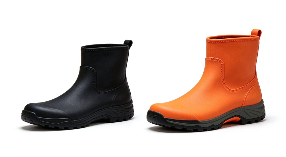 Black and orange flood rescue boots color comparison close up, high visibility orange for night operations, black for general duty, custom OEM available Black and orange flood rescue boots color comparison close up, high visibility orange for night operations, black for general duty, custom OEM available