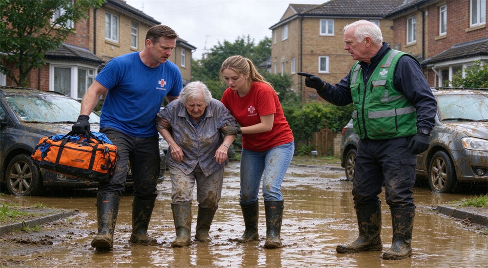 Volunteer rescue team wearing neoprene flood response boots in community flood operation, mixed ages and gear, local rescue group equipment supply Volunteer rescue team wearing neoprene flood response boots in community flood operation, mixed ages and gear, local rescue group equipment supply