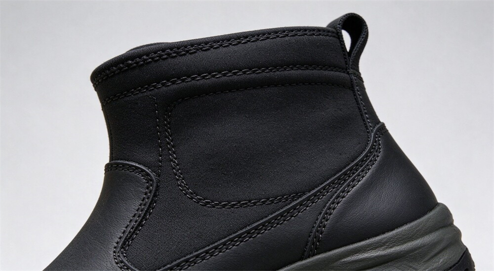 Reinforced stitching on neoprene rescue boots ankle panel close up durability detail