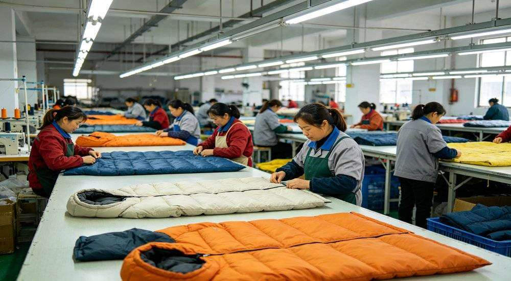 Wide angle view of factory quality control inspection workers checking sleeping bag stitching production line