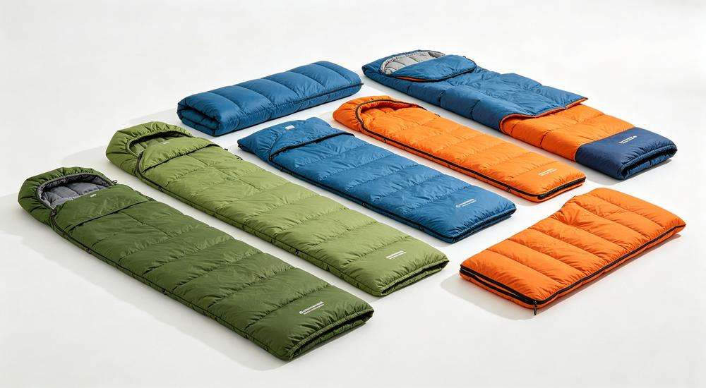 Wide angle view of various institutional sleeping bags with different configurations on white background
